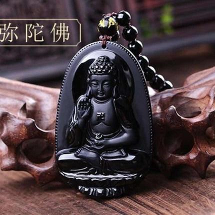 Black Obsidian Carved Buddha Pendant Necklace - Wnkrs