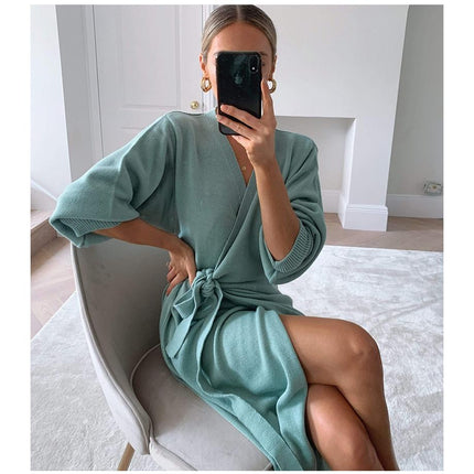 Knitted Women's Wrap Dress with V-Neck - wnkrs