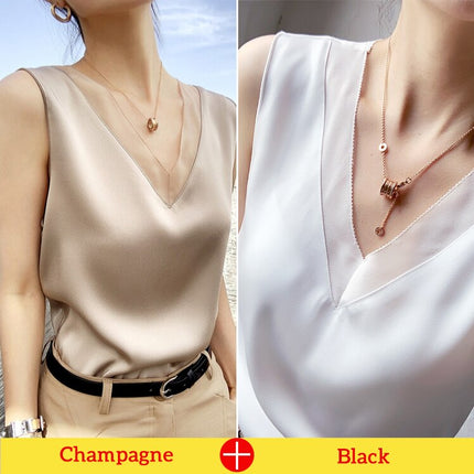 Women's V-Neck Sleeveless Silk Top - Wnkrs