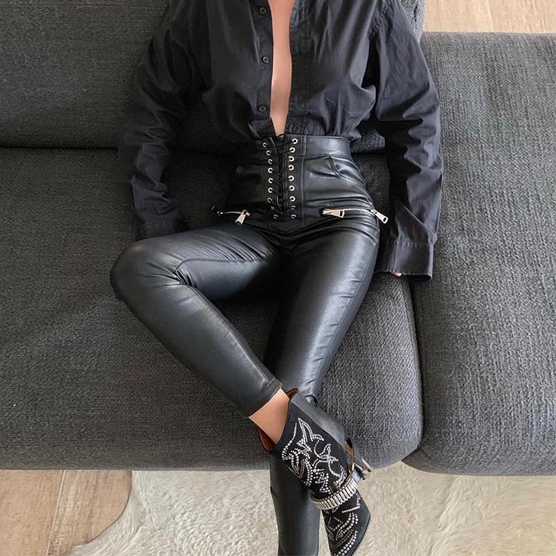 Women's Lace-Up Eco-Leather Pencil Pants