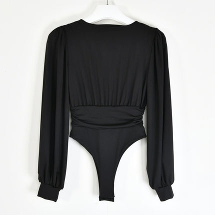 Deep V-Neck Bodysuit with Puff Sleeves - Wnkrs