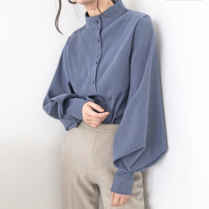 Mandarin Collar Lantern Sleeve Blouse for Women - Wnkrs