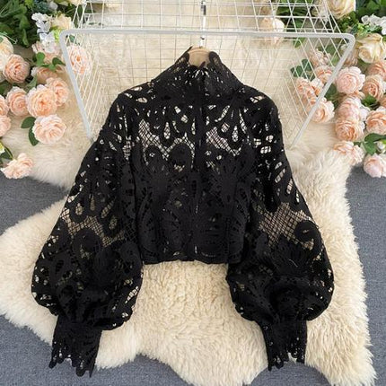 Women's Sheer Lace Puff Sleeve Crop Blouse - Wnkrs