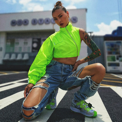 Women's Black / Neon Green Short Asymmetrical Coat - Wnkrs