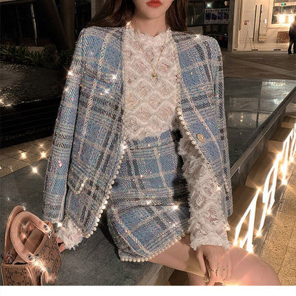 Women's Tweed Plaid Short Skirt Suit - Wnkrs