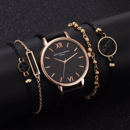 Women's Luxury Leather Band Quartz Watch Set 5 Pcs - wnkrs