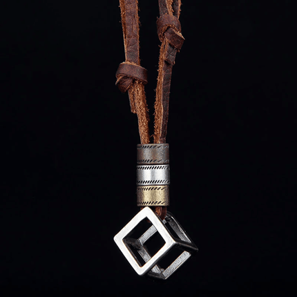 Leather Necklace for Men with Metal Cube Pendant - Wnkrs