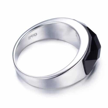 Men's Stylish Silver Ring with Large Black Crystal - Wnkrs