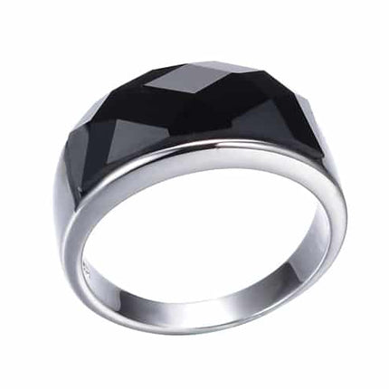 Men's Stylish Silver Ring with Large Black Crystal - Wnkrs