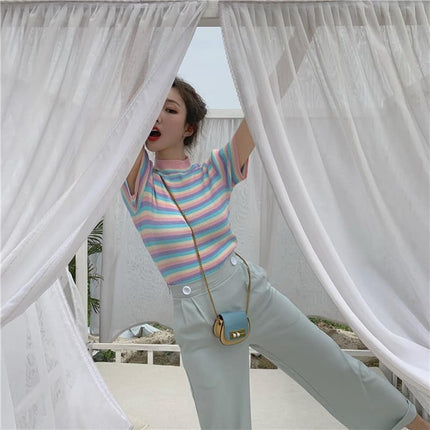 Women's Colorful Striped Crop Top with Stand Collar - Wnkrs