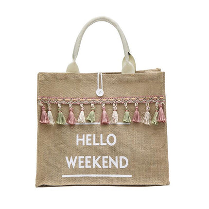 Women's Linen Hello Weekend Tassel Tote Bag - Wnkrs