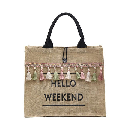 Women's Linen Hello Weekend Tassel Tote Bag - Wnkrs