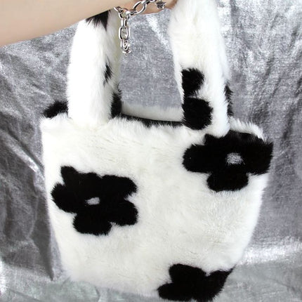 Women's Black and White Plush Tote Bag - Wnkrs