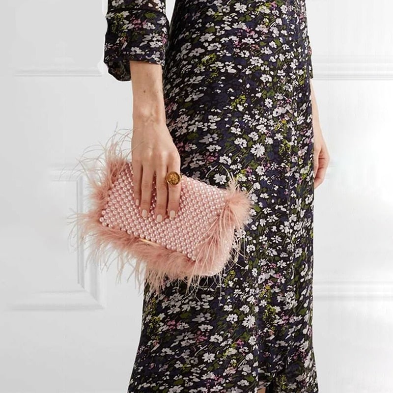 Women's Elegant Faux Fur Pearl Evening Clutch Bag