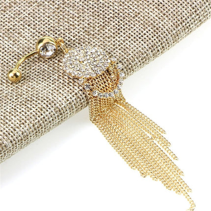 Luxurious Steel Tassel Belly Button Ring with Rhinestone Round Pendant - Wnkrs