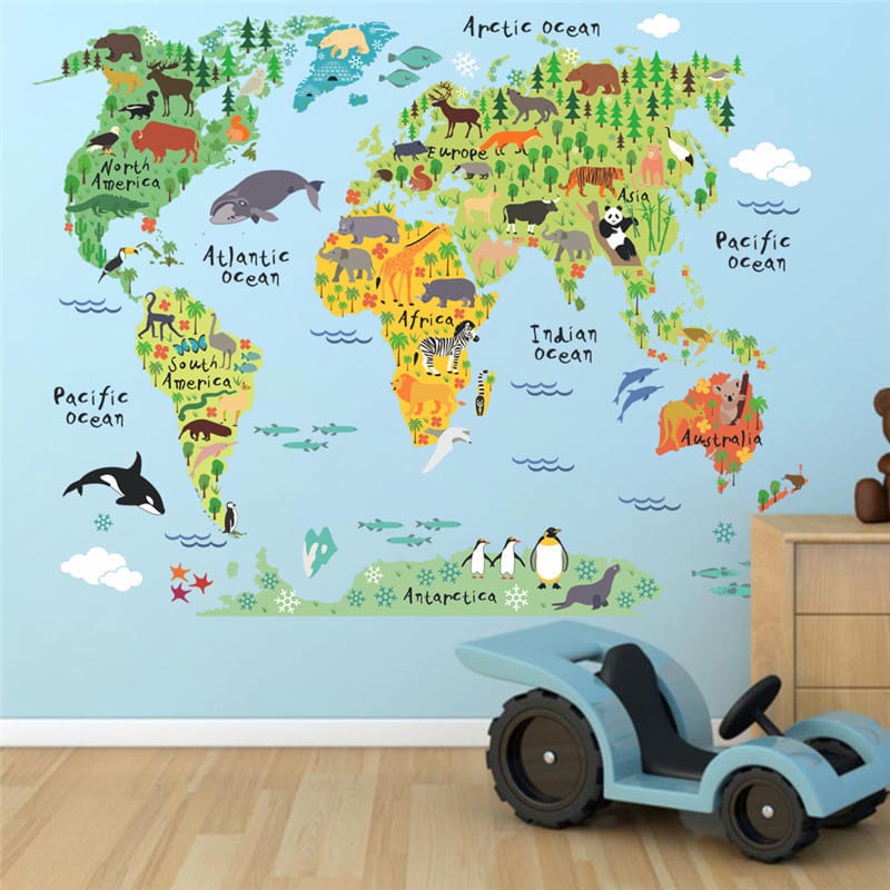 World Map/Animals Wall Stickers for Kids Room