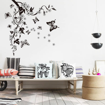 Black / White Butterfly with Floral Branch PVC Decorative Wall Sticker - wnkrs