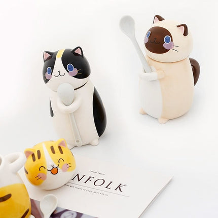 Cute Cat Shaped Ceramic Coffee Mug with Spoon - Wnkrs