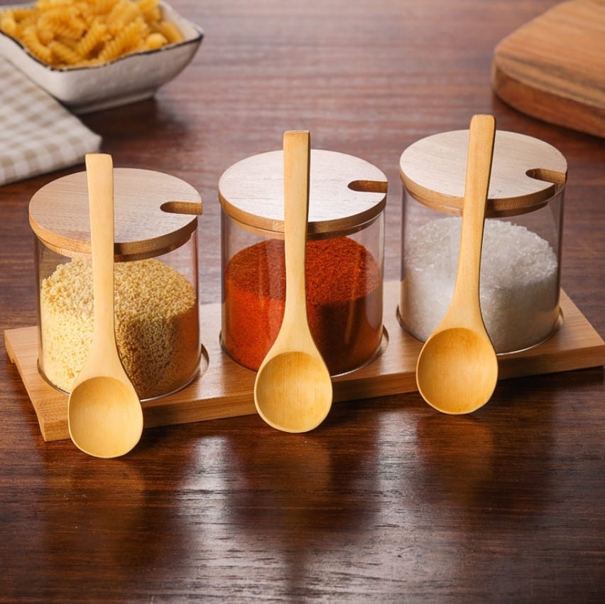 Spice Jars with Wooden Spoon and Stand
