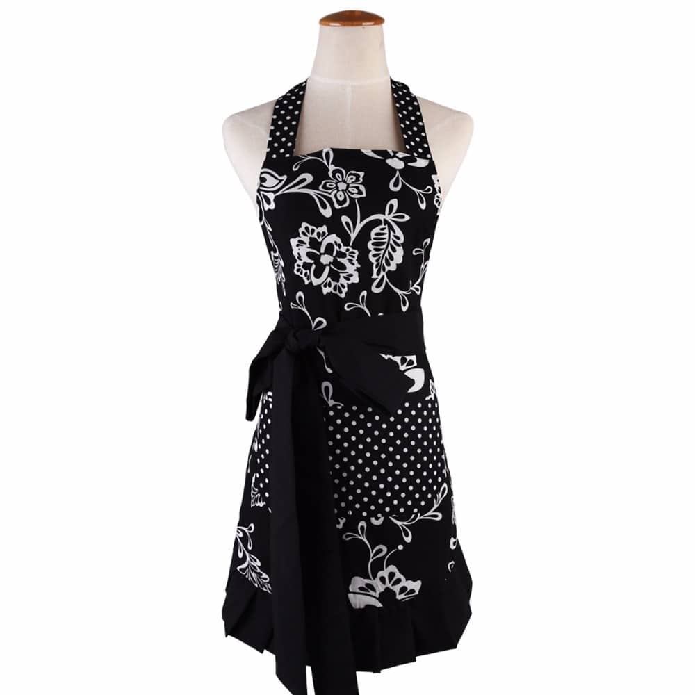 Black Patterned Cotton Apron for Women