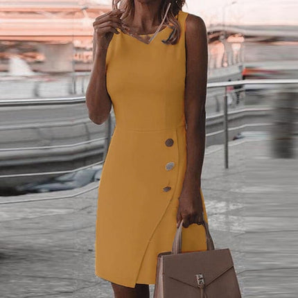 Women's Solid Color O-Neck Button Design Dress - Wnkrs