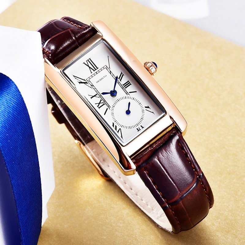 Women's Rectangular Quartz Leather-Strap Watch