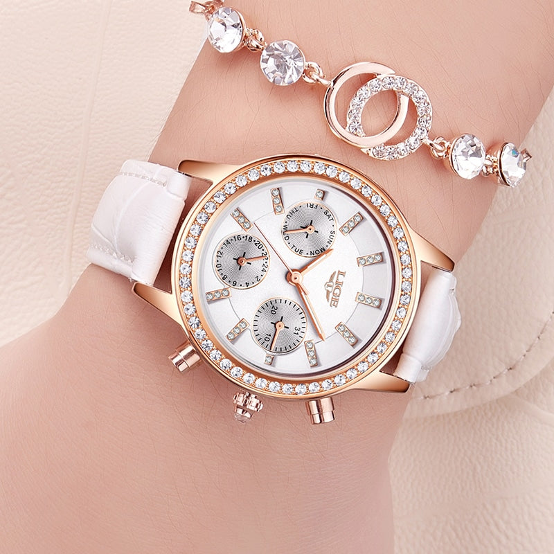 Casual Women's Wristwatches with Rhinestone Decor and Leather Strap