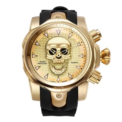 Black Skull-Dial Watch with Gold-Tone Centerpiece