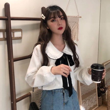 Women's Bow Flannel Blouse with Ruffled Collar - Wnkrs