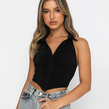 Women's Turn Down Collar Backless Black Crop Top - Wnkrs