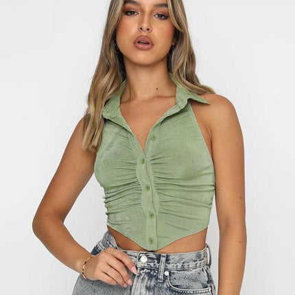 Women's Turn Down Collar Backless Black Crop Top - Wnkrs