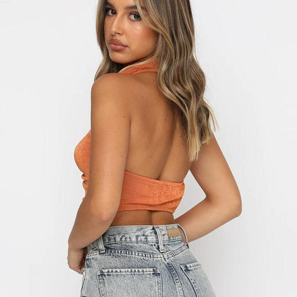 Women's Turn Down Collar Backless Black Crop Top - Wnkrs