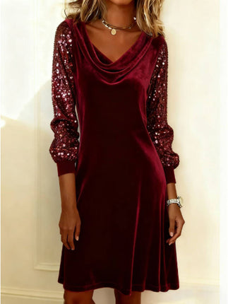Women's Velvet Sequin Patchwork Long-Sleeve Dress