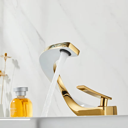 Elegante grifo para lavabo de baño de latón dorado y blanco