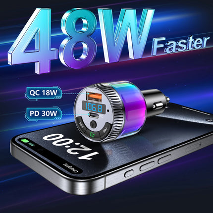 Transmetteur FM Bluetooth 5.3 avec chargeur rapide PD 30 W et QC 18 W, lumière ambiante LED