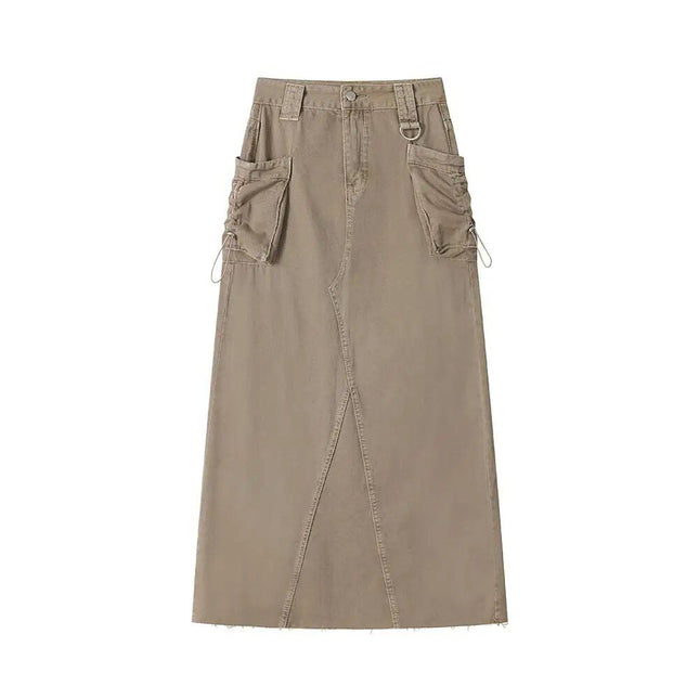 Falda vaquera cargo de cintura alta vintage de otoño con bolsillos