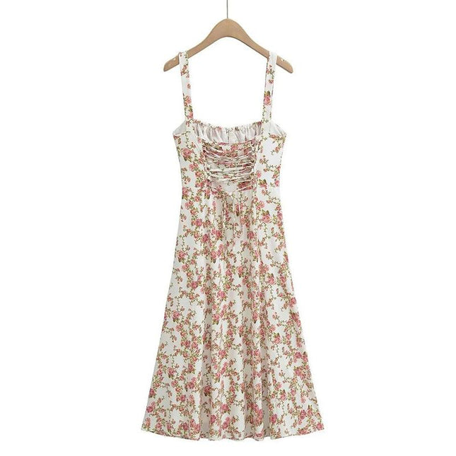 Vestido camisola midi con estampado floral y detalle de cordones