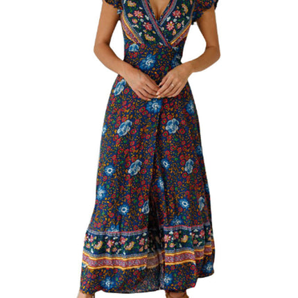 V-neck Split Bohemian Print Dress