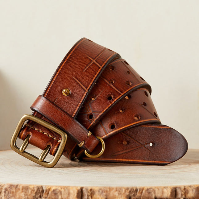 Cinturón de cuero genuino con doble hebilla para hombre para jeans y pantalones