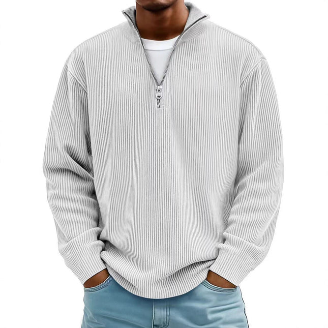 Sudadera de pana con cremallera, cuello alto, estilo polo informal para hombre. Color liso, manga larga y tejido cálido.