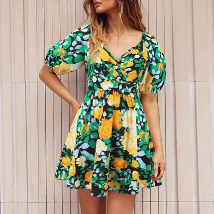 Vestido con cuello en V y mangas abullonadas con estampado de flores Y2K para vacaciones de verano, vestidos cortos de playa, ropa de moda para mujer