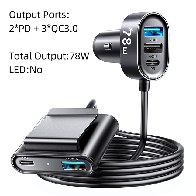 Chargeur de voiture 78 W à 5 ports avec LED et adaptateur USB C à charge rapide pour voitures