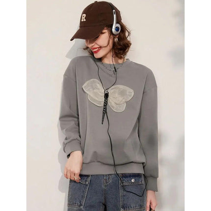 Spring Long Sleeve Sweatshirt with 3D Dragonfly Decoration