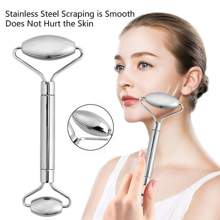 Luxury Stainless Steel Facial Roller & Gua Sha Set - Jade and Rose Quartz Face Massage Tools for Anti-Wrinkle & Cellulite Reduction