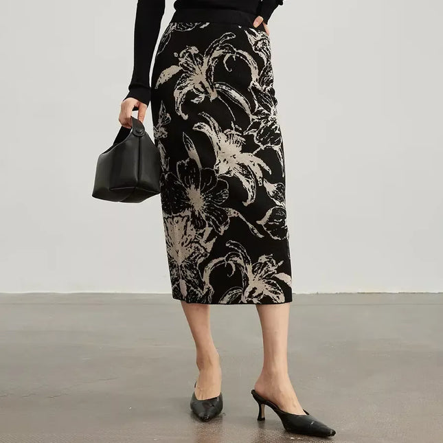 Falda elegante de punto de lana jacquard con estampado floral para mujer