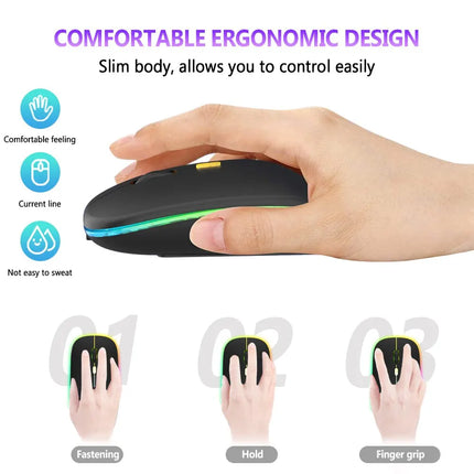 Souris ergonomique rechargeable sans fil Bluetooth et 2,4 GHz à double mode RGB