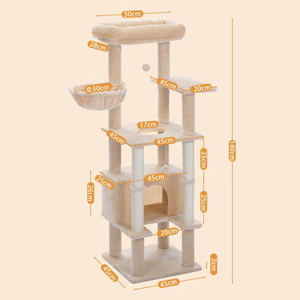 Árbol para gatos de varios niveles con condominio y postes para rascar