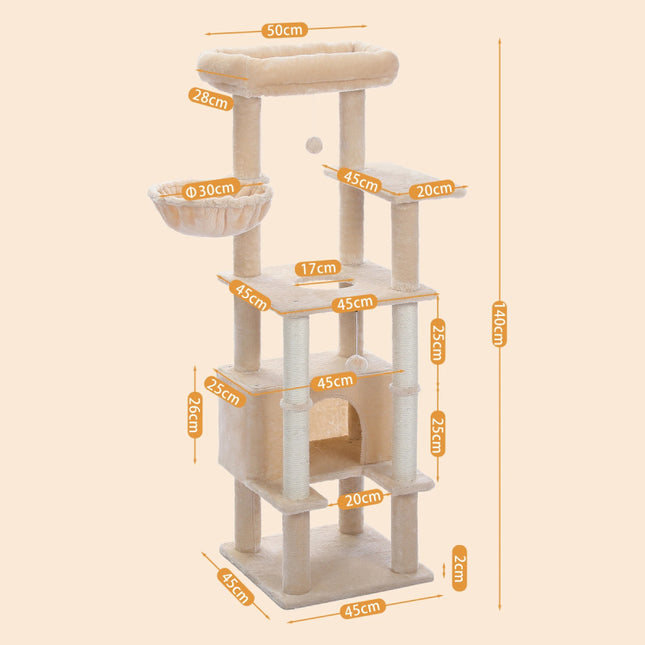 Árbol para gatos de varios niveles con condominio y postes para rascar