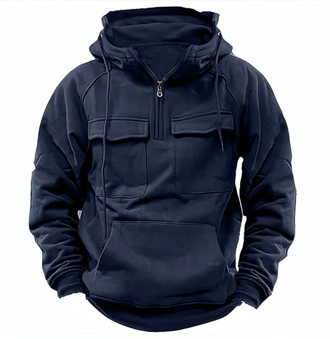Sudadera con capucha y cremallera para hombre, con cordón ajustable y bolsillo. Diseño moderno, informal y deportivo.