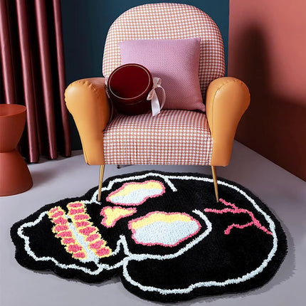 Alfombra con forma de calavera negra irregular y divertida para sala de estar y dormitorio